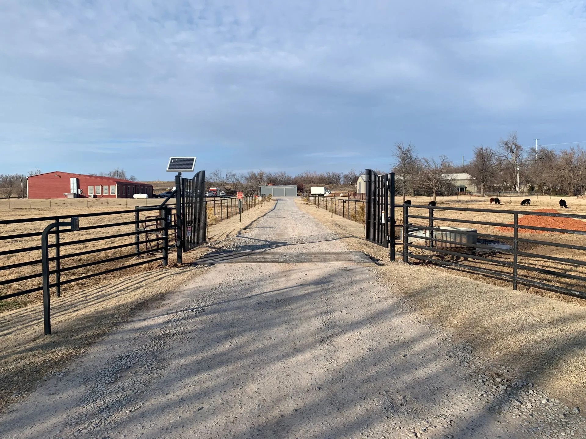 Automatic black metal security gate, open